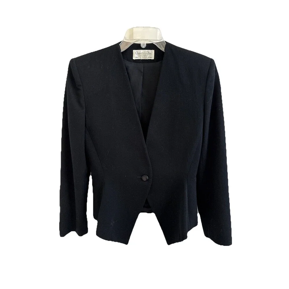 VTG CHRISTIAN DIOR Black Jacket & Skirt Wool Sculptural Blazer Suit Sz 8 Fits S